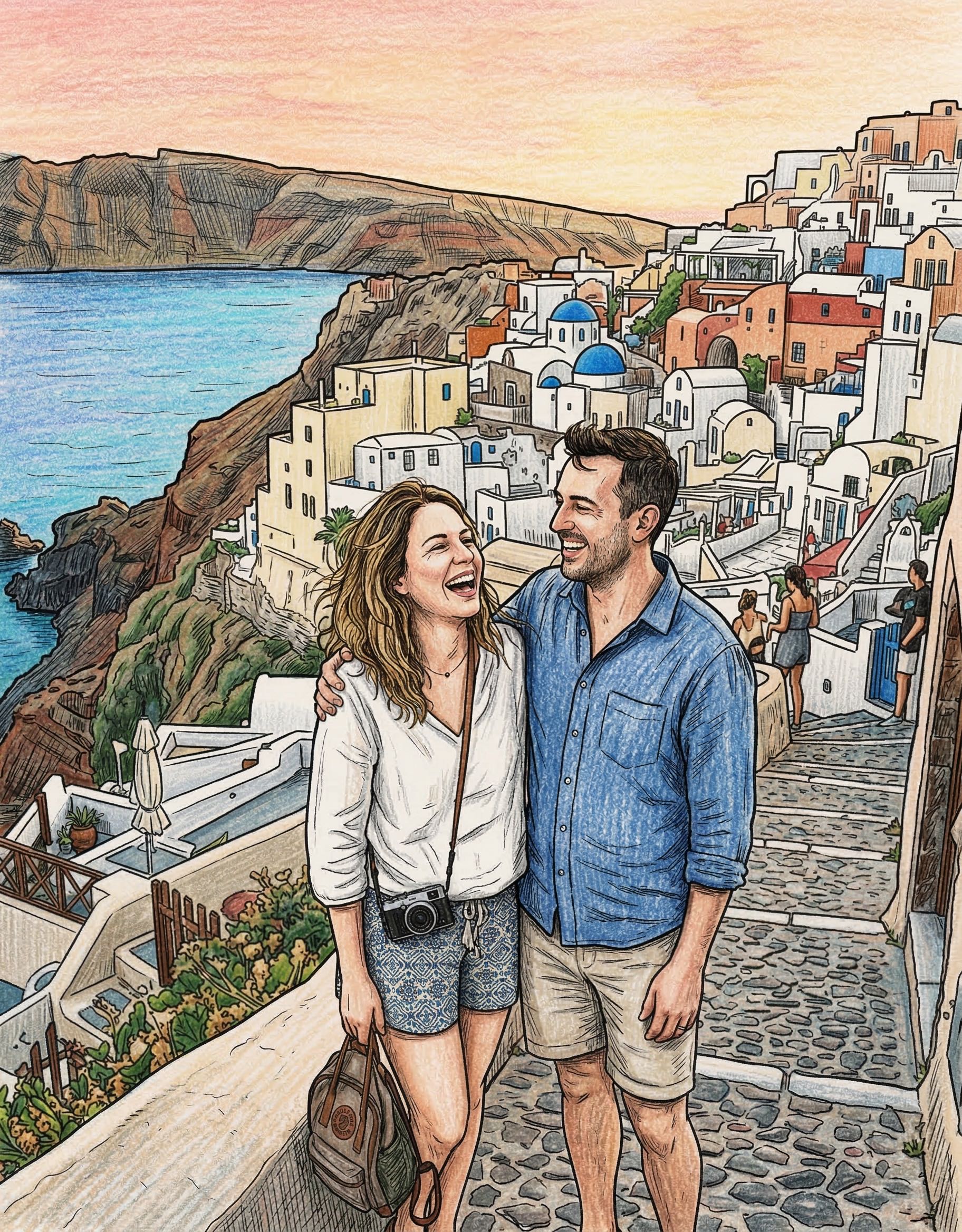 A couple in Santorini, a colored-in page